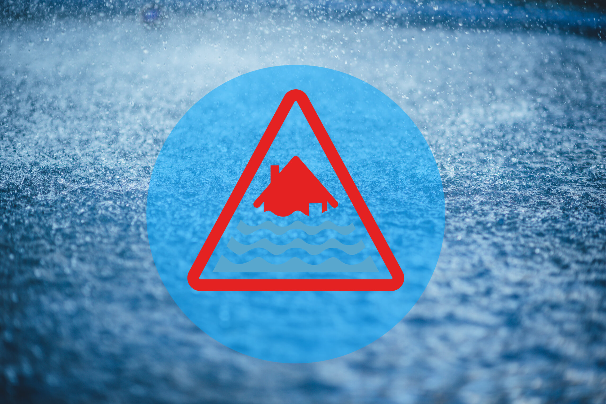 Server flood warning graphic placed on top of a heavy rain image.