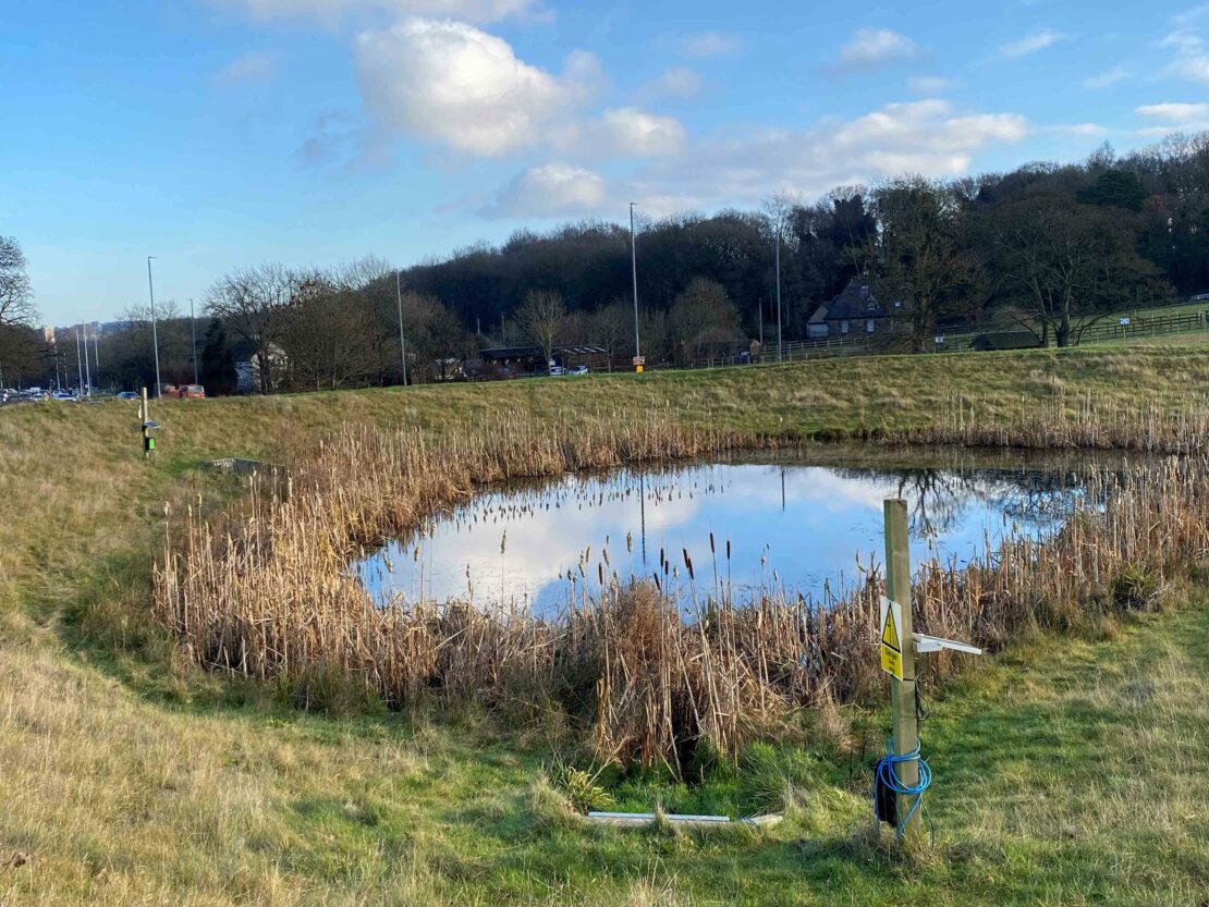 Large attenuation basin pictured on a sunny day surrounded by greenery