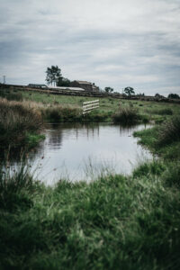 A large attenuation pond that is full of rainwater.