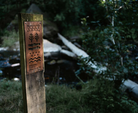 Natural flood management sign at Hardcastle Crags in Calderdale