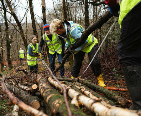 A group of individuals wearing high-visibility vests and protective gear working together to move a large log in a wooded area. The environment appears to be a forest with bare trees, possibly during autumn or winter, as the trees are leafless. The focus is on teamwork and outdoor activity.