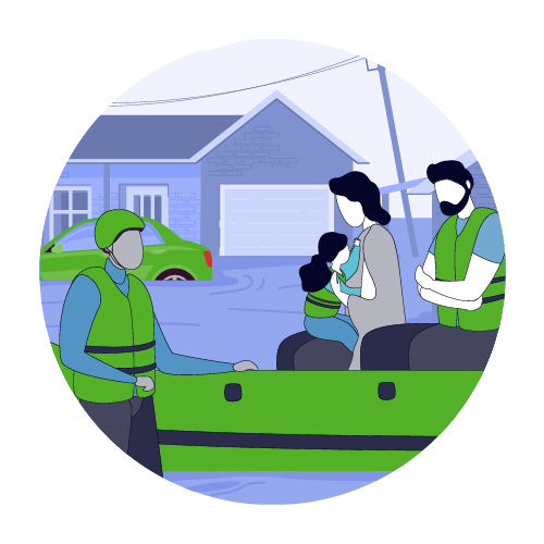 Two adults and a child in a rescue boat being taken away from the flood waters. In the background, there’s a house and a car under water. The rescue worker stands in the flood waters holding the boat.