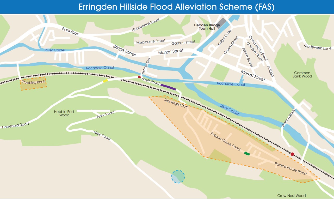 A map showing the Erringden Hillside Flood Alleviation Scheme. The map highlights various areas of work, including the installation of property flood resilience measures, improvement of highways drainage and surface water capture. The map also indicates natural flood management opportunities on the hillside. Key landmarks such as the Rochdale Canal, Calderdale railway, and surrounding agricultural and wooded areas are marked to provide context.