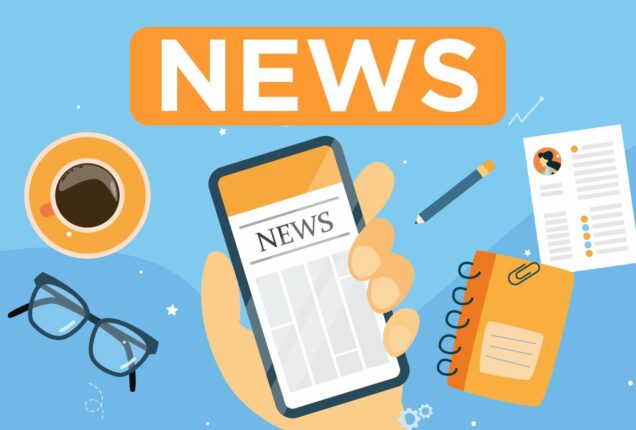Illustrated “NEWS” banner above a hand holding a smartphone displaying a news page, with surrounding items including a coffee cup, glasses, a pencil, a notebook and a document on a blue background.