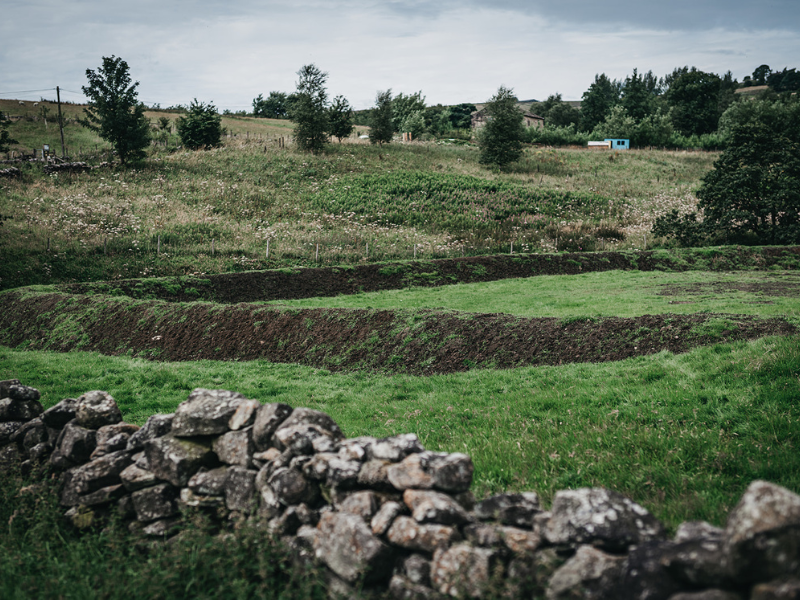 An attenuation basin in a grassy rural field, shown as a shallow, stepped earth depression behind a dry‑stone wall.