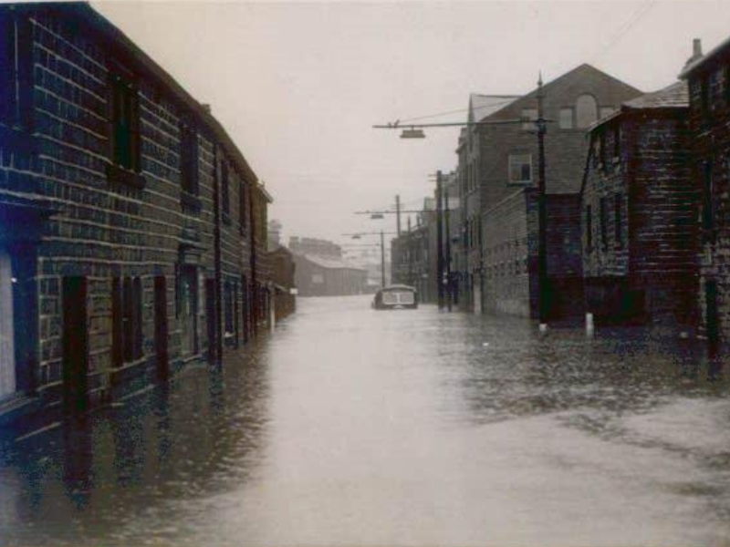 Flooded street in Calderdale in 1940s