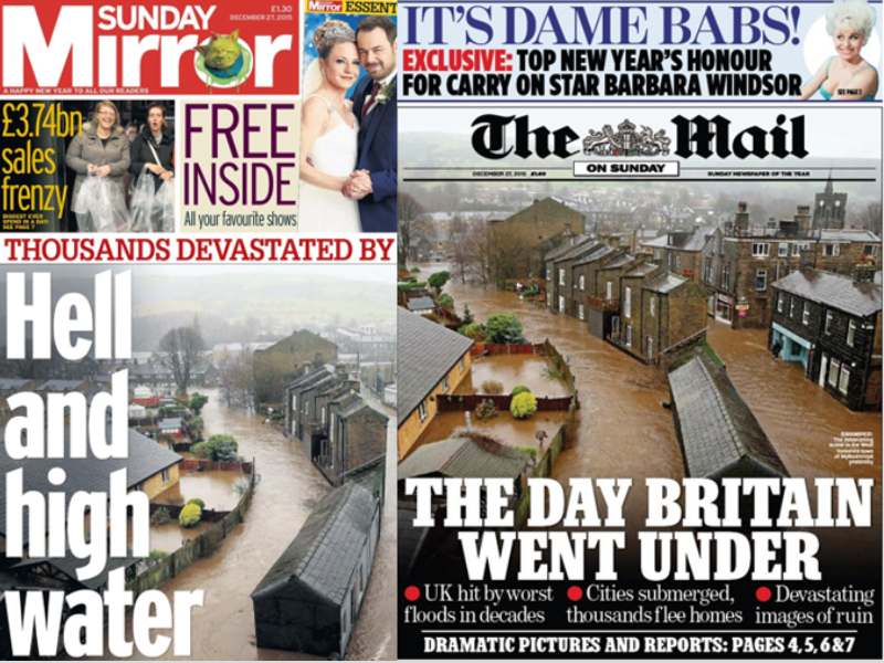 Newspaper front pages for the Sunday Mirror and The Mail showing flooding caused by the boxing day floods in 2015. Headlines read - Hell and high water and The Day Britain Went Under
