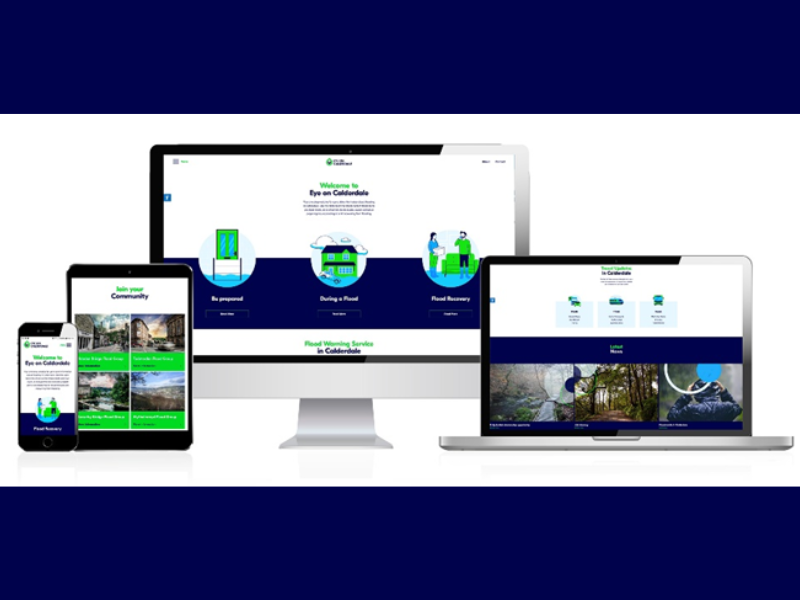 Multiple devices displaying the Eye on Calderdale website - flood‑information on a phone, tablet, computer monitor, and laptop.