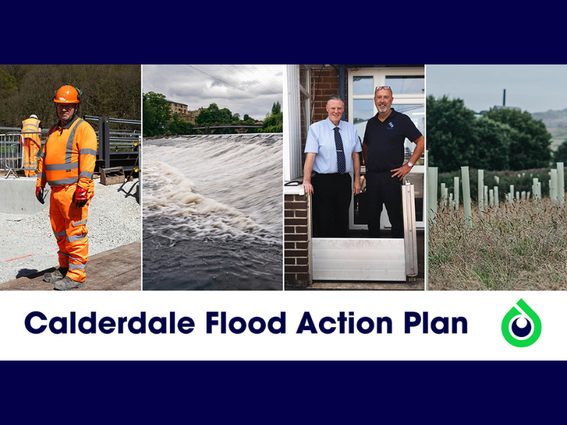 A collage of four photos showing flood resilience work in Calderdale: a construction worker in orange safety gear on a work site, fast‑flowing water at a river weir, two people standing by a property flood barrier, and newly planted trees in protective tubes. Text below reads 'Calderdale Flood Action Plan' alongside a green and blue logo.