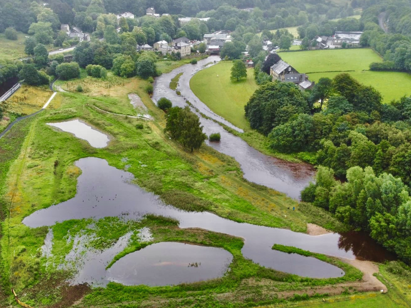 Aerial view of a new nature reserve that brings environmental benefits and prevents flooding.