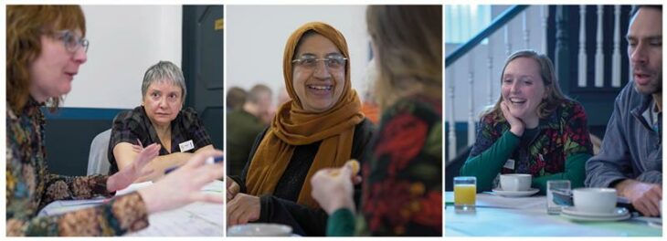 A collage of three photos showing Calderdale’s Citizens’ Jury in a meeting. The first image captures here Jury members seated around a table in discussion. The second shows a Jury member smiling and in conversation with another Juror. The third features a close-up of two participants focused on engagement and collaboration.
