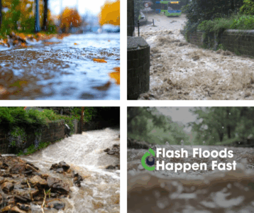 Four close-up photos showing different scenes of flash floods, with the text 'FLASH FLOODS HAPPEN FAST' prominently displayed.