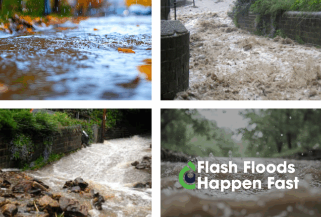 Four close-up photos showing different scenes of flash floods, with the text 'FLASH FLOODS HAPPEN FAST' prominently displayed.