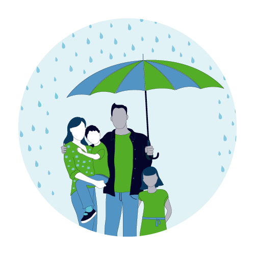 A graphic showing a family with adults and children. One adult is carrying a umbrella and it is raining.