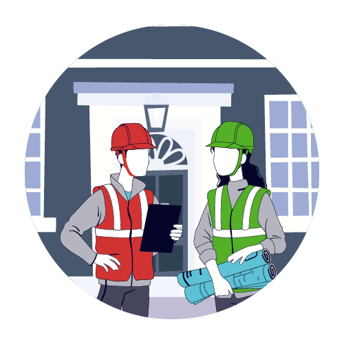 A graphic showing two people with high visibility clothing. One person holds rolls of paper and another a clip board.
