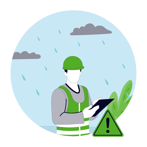 Graphic showing man with a clipboard and green high visibility jacket. The background shows it is raining.
