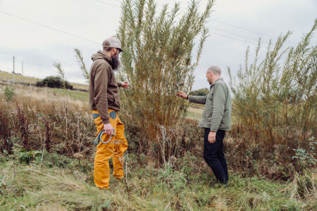 Landowner and CMBC NFM Project Engineer inspect the Willow revetments at Annabut Lee Farm