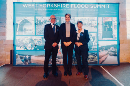 West Yorkshire Flood Summit. From left to Right, photo of: Robin Tuddenham, Chief Executive of Calderdale Council, Place Lead Calderdale and NHS West Yorkshire Integrated Care Board, Emma Hardy, MP, Minister for Water and Flooding and Councillor Jane Scullion, Leader of Calderdale Council. 