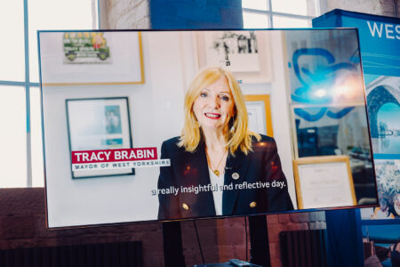 Tracy Brabin on screen at the West Yorkshire Flood Summit. 