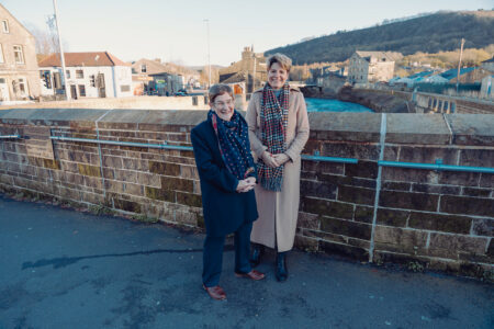 Emma Hardy, MP, Minister for Water and Flooding and Councillor Jane Scullion, Leader of Calderdale Council at Mytholmroyd FAS