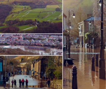 A collage of four photos showing severe flooding in Calderdale. The top-left image shows green fields with waterlogged patches and streams overflowing. The middle-left image depicts a residential neighbourhood with floodwater surrounding houses and streets. The bottom-left image shows a town street submerged in muddy water, with several people standing at the edge observing the scene. The right image is a close-up of a flooded street lined with stone buildings and black lamp posts, with brown floodwater covering the pavement and road.