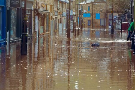 Flooded Highstreet in Hebden Bridge in 2020
