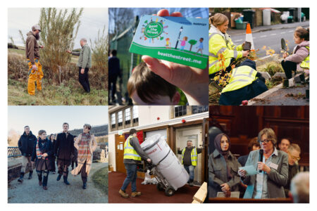 A six-panel collage showcasing various community actions related to climate, flooding, and nature.
1. Two people in high-visibility vests moving a large heat pump inside a library.
2. MP Emma Hardy at the West Yorkshire Flood Summit event.
3. An adult in a high-visibility vest working on a roadside planter with several young children, also in high-visibility vests.
4. A close-up of a "Beat the Street" card held up against a blurred background of children running on a street.
5. A Citizens' Jury meeting in progress.
6. Trees taking root on a farm in Calderdale.