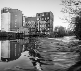 Black and white photo of the river Calder in Brighouse