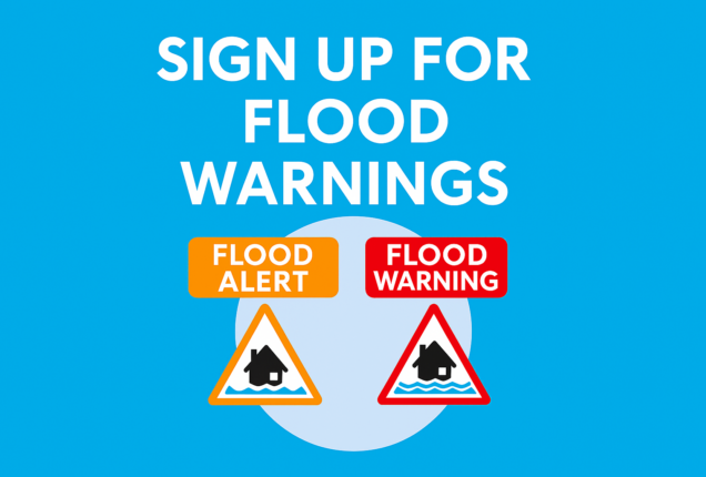 Blue image with the words: Sign up for flood warnings. Includes an orange flood alert icon and red flood warning icon.