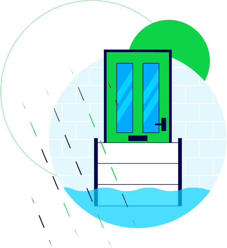 Graphic of flood door in setting of wet weather
