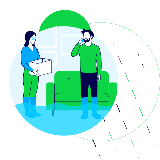 Illustration of two people standing in flood water in their home - one person is holding a box.