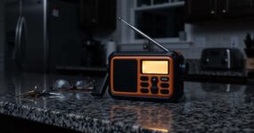 A close-up shot of an orange and black emergency hand-crank radio resting on a dark granite kitchen countertop during a power outage. The radio's digital display is illuminated with a warm yellow glow. Beside the radio lie a pair of eyeglasses and a set of keys. The background features a dimly lit kitchen with dark cabinets, a refrigerator, and a window, emphasising the lack of electricity in the home.