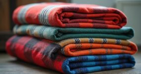 Pile of blankets stacked on wooden surface. Assorted colors include red, blue, green orange. Soft fabric layers offer warmth and comfort. Perfect for emergency use.