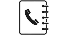 Black and white illustration of a spiral-bound notebook with an icon of a telephone handset inside the open pages.
