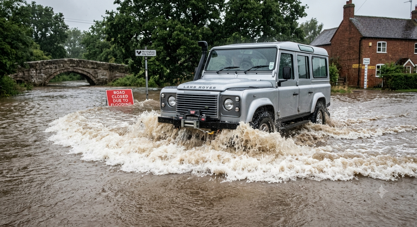 Large car driving through flood water creating bow waves.