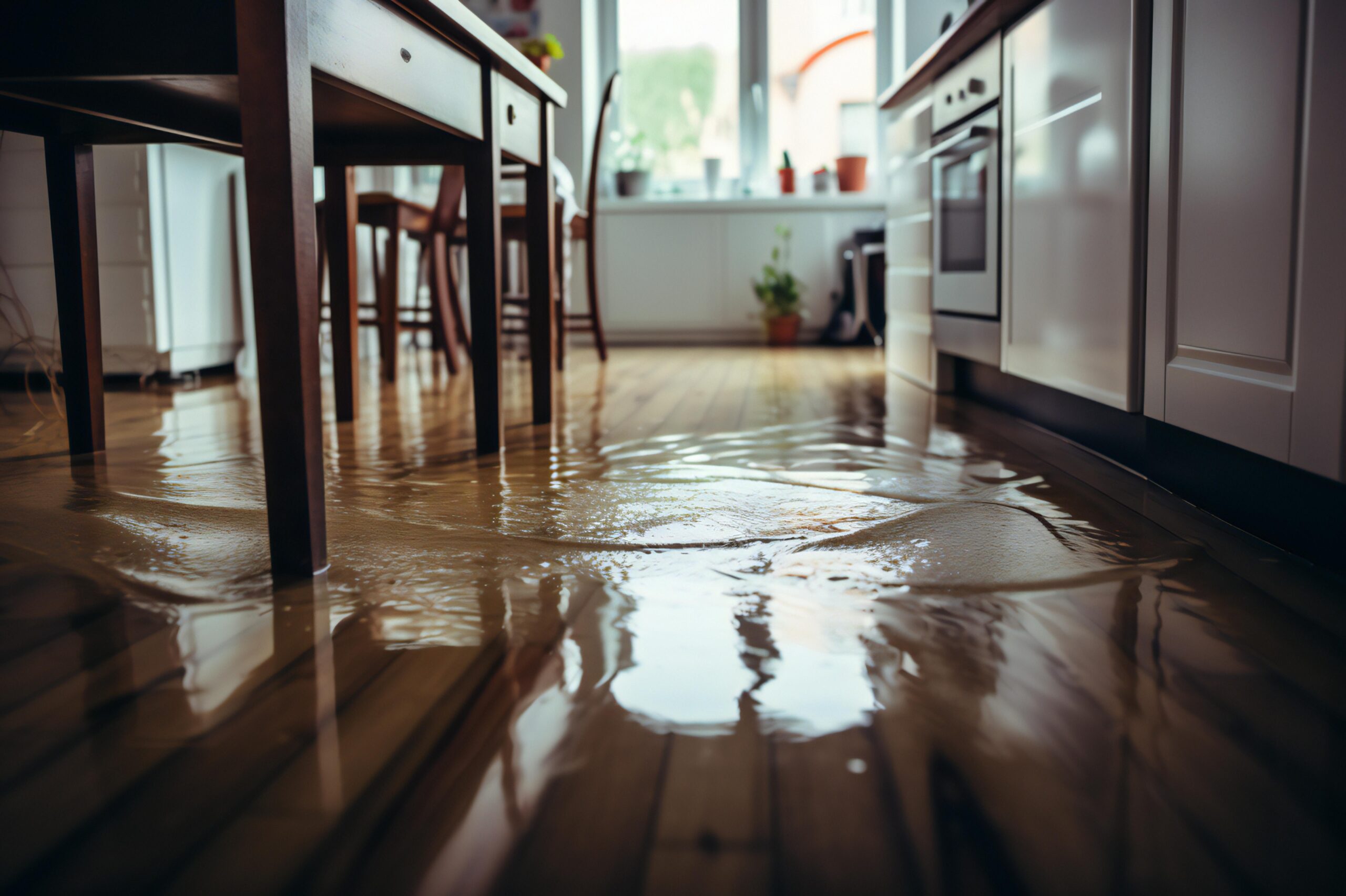 Low-angle view of a flooded kitchen floor covered in standing water, reflecting wooden dining table legs and kitchen cabinets in the background.