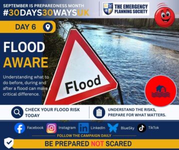 Campaign graphic for Day 6 of #30Days30WaysUK titled "FLOOD AWARE". It features a triangular warning sign reading "Flood" next to a swollen river, alongside the tagline "BE PREPARED NOT SCARED" and calls to action to check flood risk and understand risk levels.