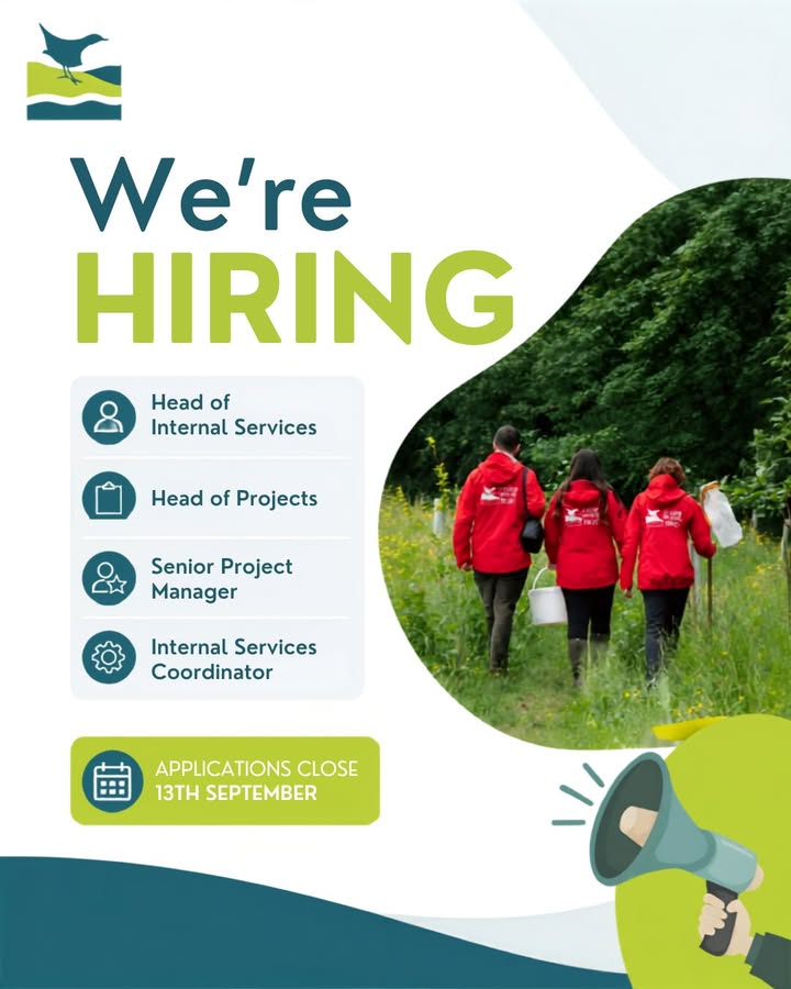 Promotional recruitment graphic with the headline "We're Hiring". A circular photo shows three people standing outdoors in red jackets. The image lists four vacancies: Head of Projects, Senior Project Manager, Head of Internal Services, and Internal Services Coordinator. A call-to-action encourages applications, with illustrated river and nature-themed graphics in green, blue and grey tones.