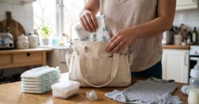 Person packing a canvas changing bag with baby essentials, including nappies, baby wipes, a muslin cloth, a striped baby bodysuit, a dummy and a milk bottle.