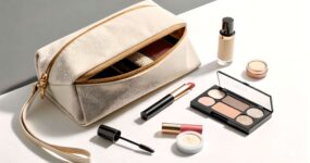 Open cream-coloured cosmetic bag with gold zip, surrounded by makeup products including lipstick, mascara, foundation, face powder and an eyeshadow palette on a light surface. Bright studio lighting highlights the neutral-toned beauty items and metallic accents.
