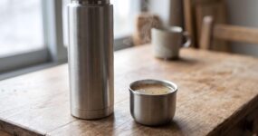 Stainless steel vacuum flask standing on a wooden table beside its cup lid filled with steaming coffee. Soft natural light from a nearby window highlights the metal surfaces, with a blurred mug and chair visible in the background.