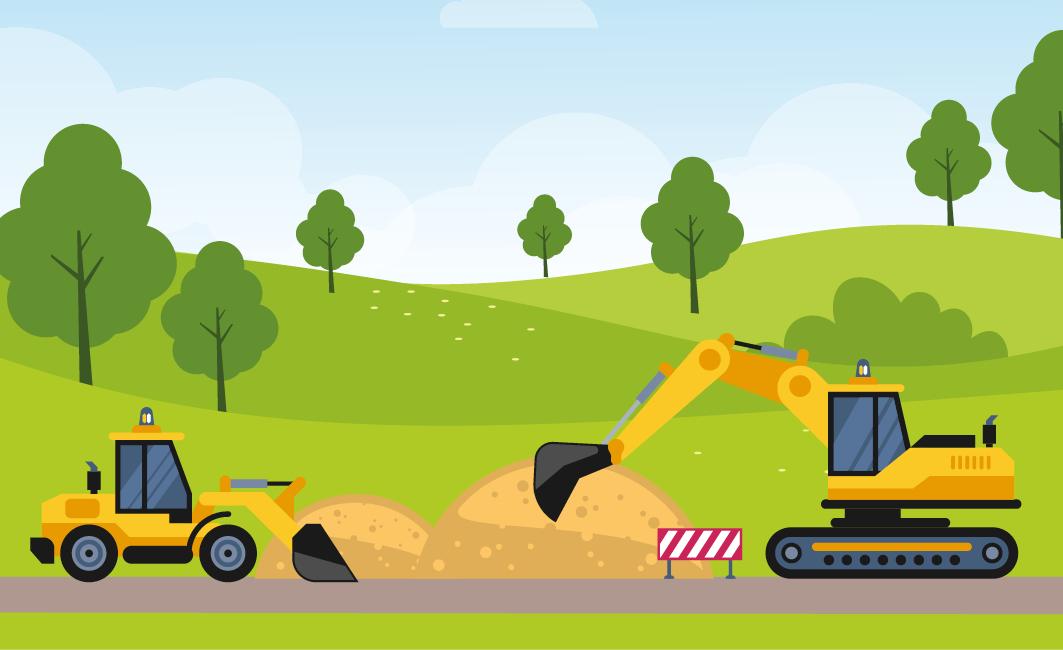 Illustration of a digger and machinary in a green space